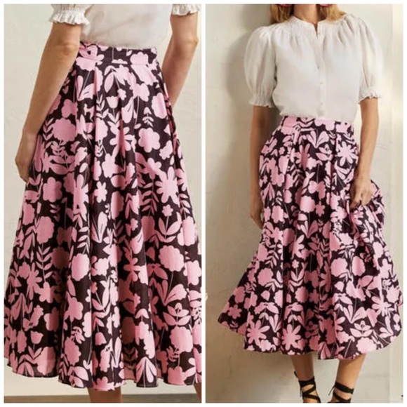 Boden Full Cotton Midi Skirt w Pink/Black Bold Flower Print Size 8P - Picture 2 of 10